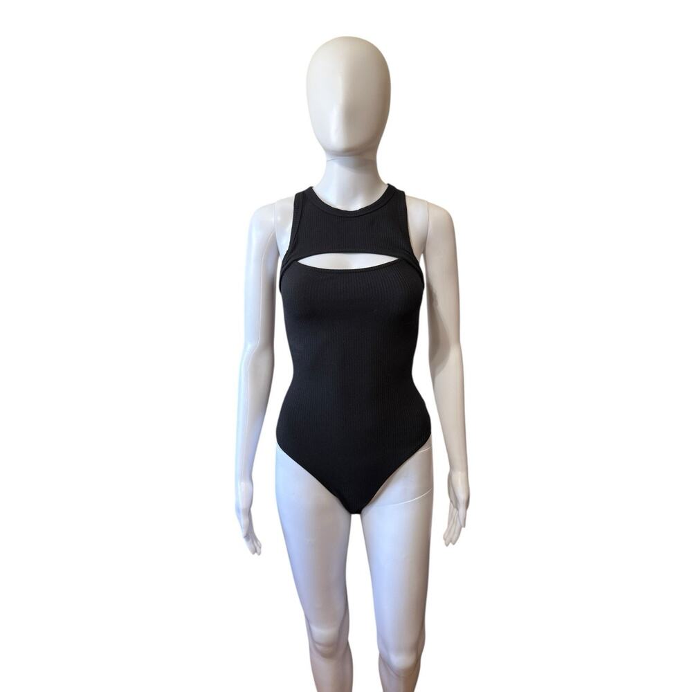 Lulus Black Ribbed Sleeveless Cutout Thong Bodysuit Womens XS